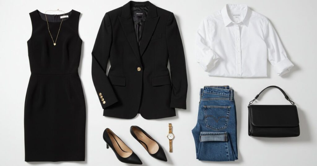 A chic flat lay of timeless fashion essentials, including a little black dress, a tailored blazer, classic denim jeans, a white button-up shirt, and elegant leather pumps.