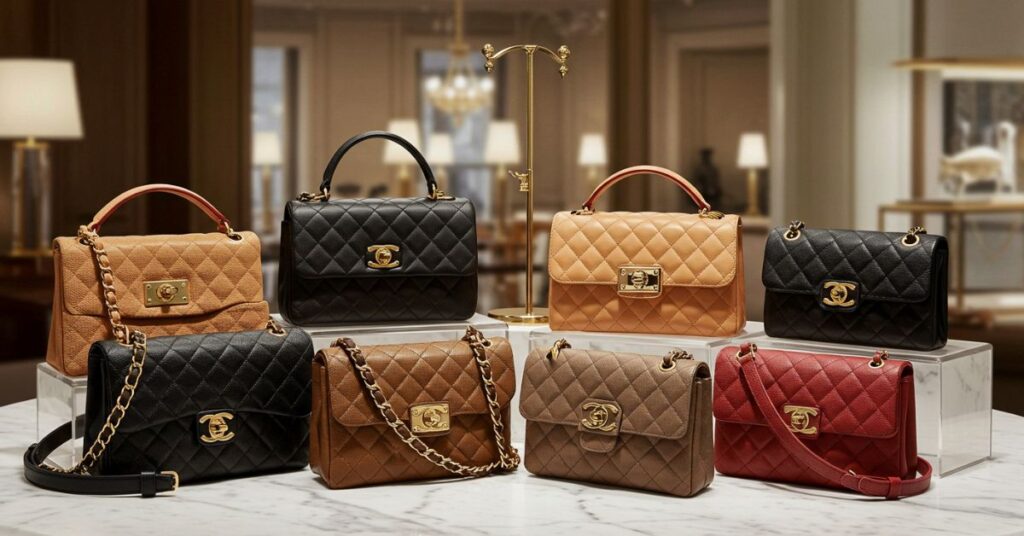 A collection of luxury designer handbags displayed elegantly on a marble surface, featuring iconic styles from brands like Chanel, Louis Vuitton, and Hermès, with gold accents and soft lighting enhancing their sophistication.