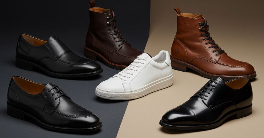 A collection of classic men's footwear, including sleek leather loafers, versatile white sneakers, rugged boots, and polished dress shoes, neatly arranged on a stylish backdrop.