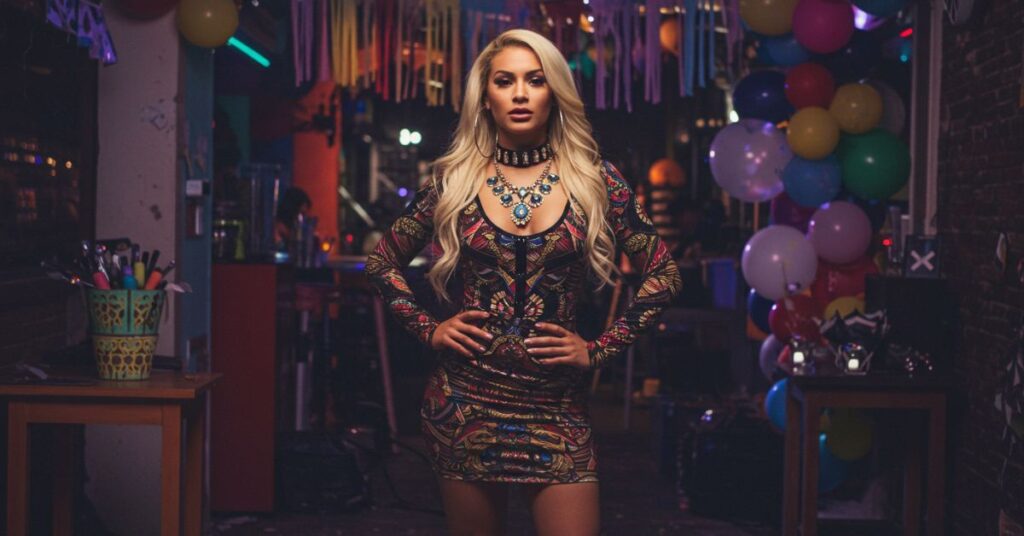 A stylish model dressed in a Fashion Nova costume, striking a pose with bold accessories against a vibrant party backdrop.