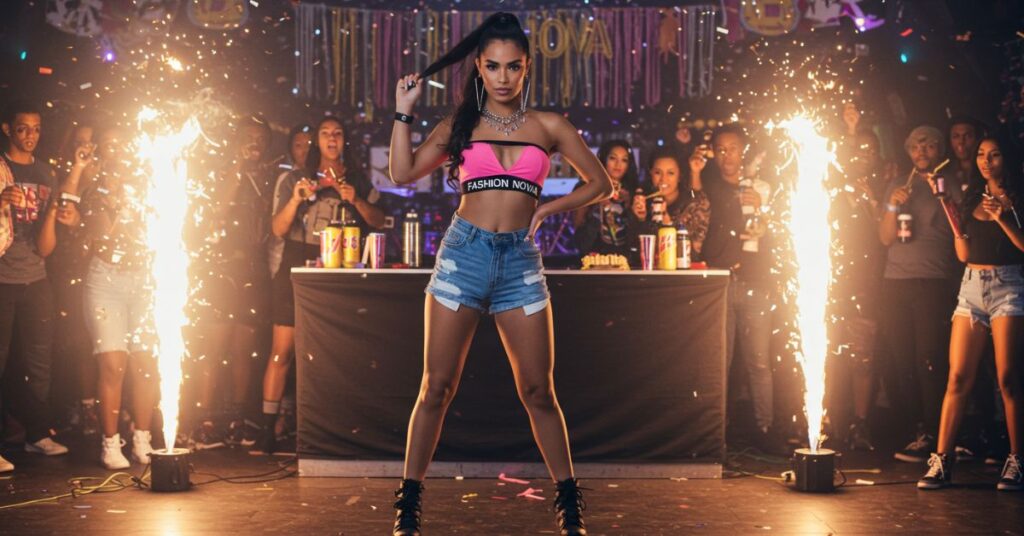 A stylish model dressed in a Fashion Nova costume, striking a pose with bold accessories against a vibrant party backdrop.