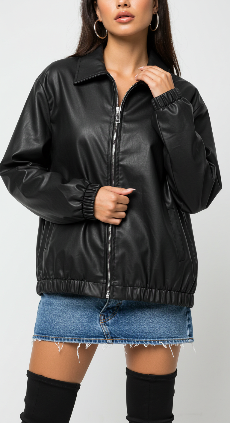 Women’s Oversized Faux Leather Jacket – Trendy & Versatile Outerwear Upgrade your wardrobe with this effortlessly stylish black oversized faux leather jacket. Crafted from premium-quality PU leather, this jacket offers a sleek and edgy look while ensuring maximum comfort. The zip-up closure, classic spread collar, and elasticized hem add a trendy, streetwear-inspired touch. Perfect for layering over crop tops, turtlenecks, or casual tees, this versatile jacket pairs well with skirts, jeans, or dresses, making it a must-have for every fashion-forward individual. Whether you're heading out for a casual day or dressing up for a night out, this statement piece will keep you looking effortlessly cool. ✔ Material: High-quality faux leather (PU) ✔ Fit: Oversized, relaxed fit for a comfortable feel ✔ Design: Zipper closure, elastic hem, and side pockets ✔ Occasion: Ideal for casual wear, street style, fall, and winter fashion ✔ Pair it with: Mini skirts, jeans, boots, or sneakers for a chic look